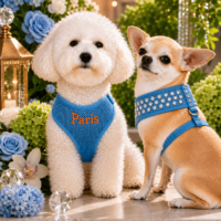 Personalized Blue Air Mesh Soft Pet Rhinestone Bling Dog Harness - Leash