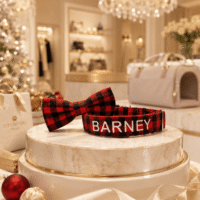 Red Buffalo Plaid Dog Collar - Bow Tie Set - Embroidered Name Option