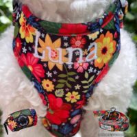 Personalized Floral Dog Harness Set - Collar - Leash - Poop Bag Holder Set