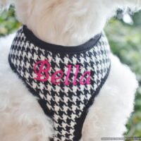 Personalized Embroidered Black Houndstooth Plaid Soft Dog Harness - Leash