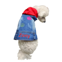Customizable Dog Denim Jacket with Red Hoodie with Name and Pawprint Option