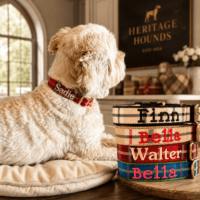 Custom Embroidered Designer Blue-Red-Tan Plaid Dog Collar - Name - LEASH