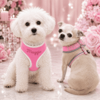 Luxury Pink Plush Reflective Dog Harness, Bling & Embroidered Name - Leash