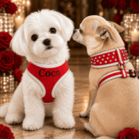 Custom Embroidered Reflective Rhinestone Bling Red Plush DOG HARNESS - Leash