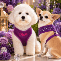 Personalized Purple Air Mesh Pet Crystal Rhinestone Dog Harness - Embroidered Name - Leash