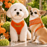 Personalized Orange Air Mesh Soft Pet Rhinestone Bling Dog Harness - Leash