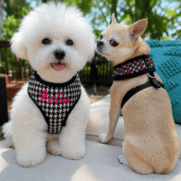 Personalized Embroidered Black Houndstooth Plaid Luxury Crystal Bling Dog Harness - Leash