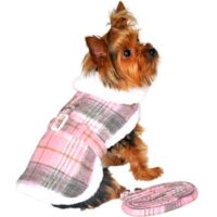 Sherpa-Lined Dog Harness Coat with Matching Leash - Pink & White Plaid