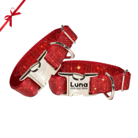 Engravable Ruby Red Crystal Rhinestone Bling Dog Collar - Leash