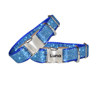 Engravable Blue Crystal Rhinestone Dog Collar - Leash