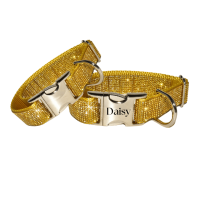 Custom Engravable Gold Bling Rhinestone Dog Collars - Leash