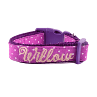 Purple Dot Custom Embroidered Dog Collar with Pet Name - Leash