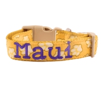 Yellow Paw Print Personalized Dog Collar with Embroidered Name - Leash