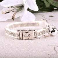Engravable Wedding White Metallic Crystal Cat Collar, Custom Personalized Rhinestone Cat Collars