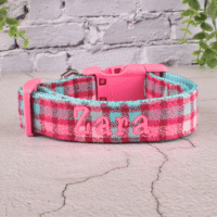 Embroidered Pink & Aqua Plaid Dog Collar - Leash